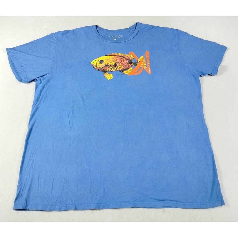 Nautica Shirt Mens 2XL Blue Fish Graphic Tee‎ Nautical Tagless Cotton Casual